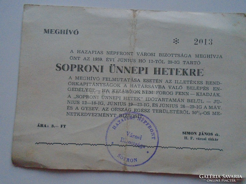 G21.512 Invitation - domestic folk front - Sopron festive weeks 1959 -sopron 50% mood. Máv gysev