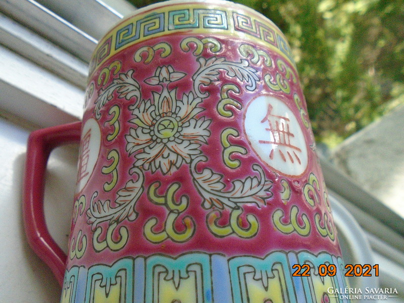 JINGDEZHEN  kézzel festett dombor zománc LÓTUSZ és HOSSZÚ ÉLET,BOLDOGSÁG jellel fedeles teás csésze