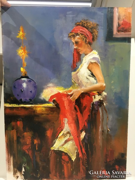 István Károlyi: female figure with red tablecloth, oil painting