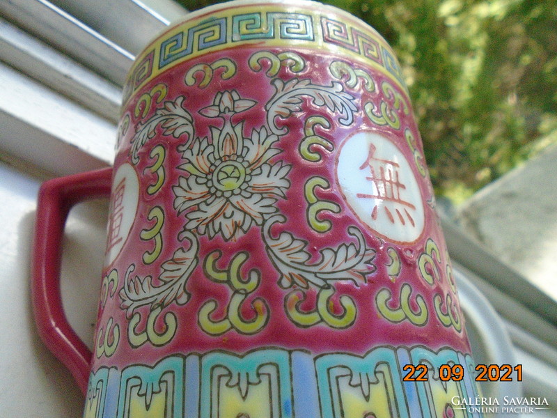 JINGDEZHEN  kézzel festett dombor zománc LÓTUSZ és HOSSZÚ ÉLET,BOLDOGSÁG jellel fedeles teás csésze
