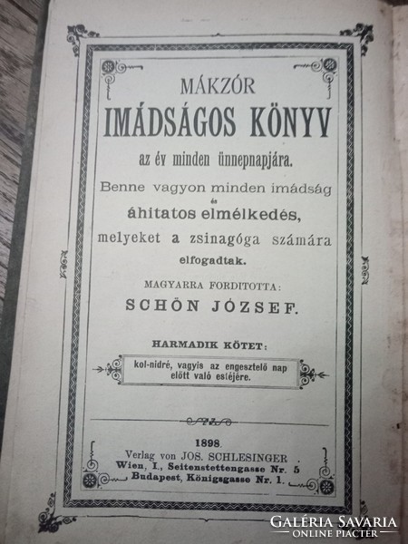 Schön József Mákzór Imádságos Könyv 1898 Harmadik kötet kol-nidré előtt való nap estéjérepjára
