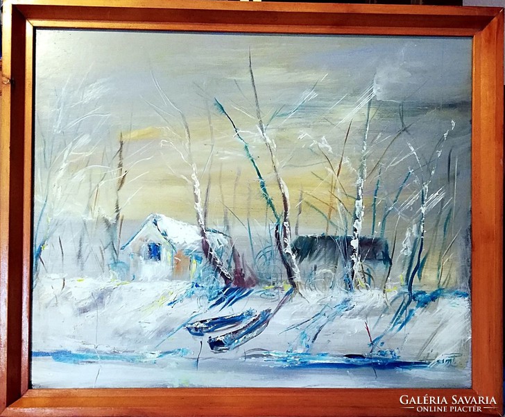 Cozy winter waterfront, marked oil painting
