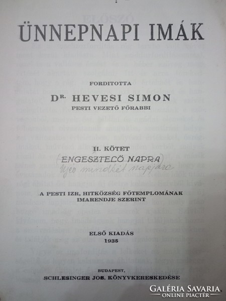 Dr Hevesi Simon Ünnepi Imák II. kötet Első Kiadás 1935