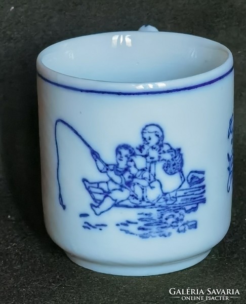 Antik kék- fehér porcelán manófüles mokkás csésze horgászó gyerekek