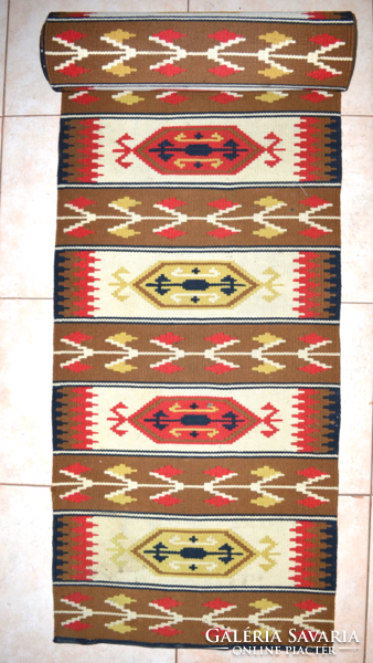 Ritka monumentális hosszúságú Torontáli gyapjú szőnyeg kelim 02  ( 520 x 61 cm )