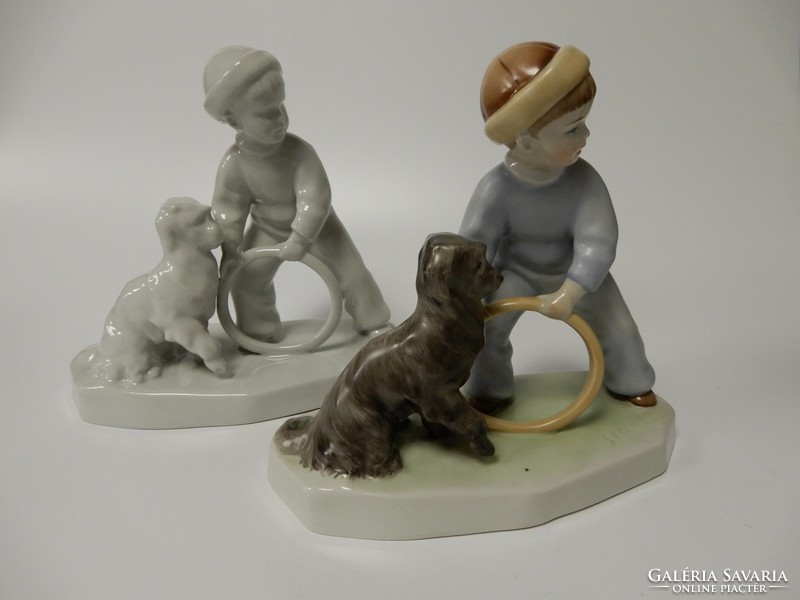 2 pcs zsolnay porcelain, a little boy playing with a 