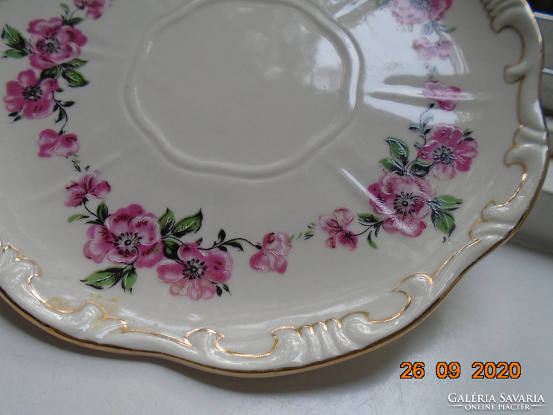 Shield-sealed, glazed over-glazed, gold-contoured, rosy zsolnay plate
