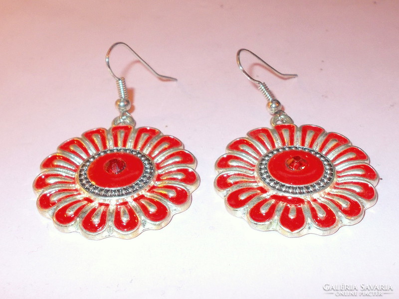 Red daisy Tibetan silver earrings