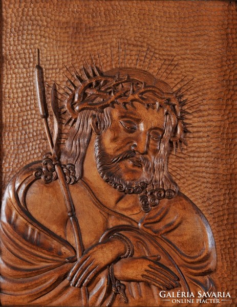 Portrait of suffering Jesus Christ, carved relief