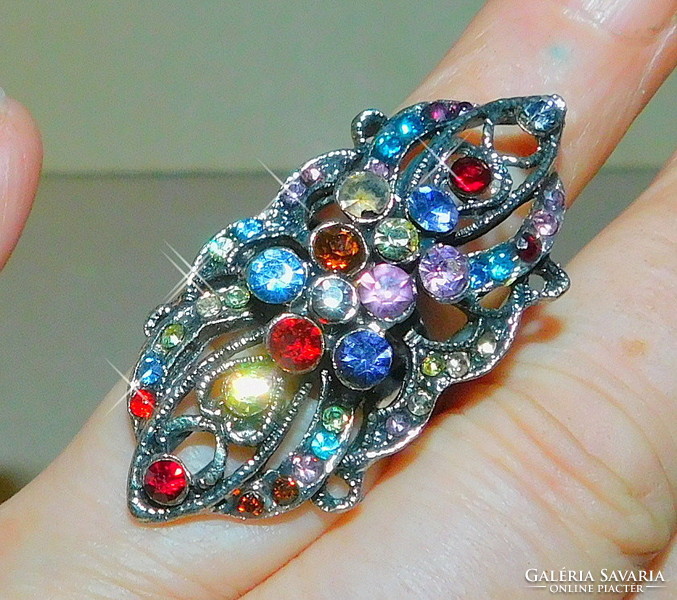 Art Nouveau many gemstones Tibetan silver ring - gorgeous piece