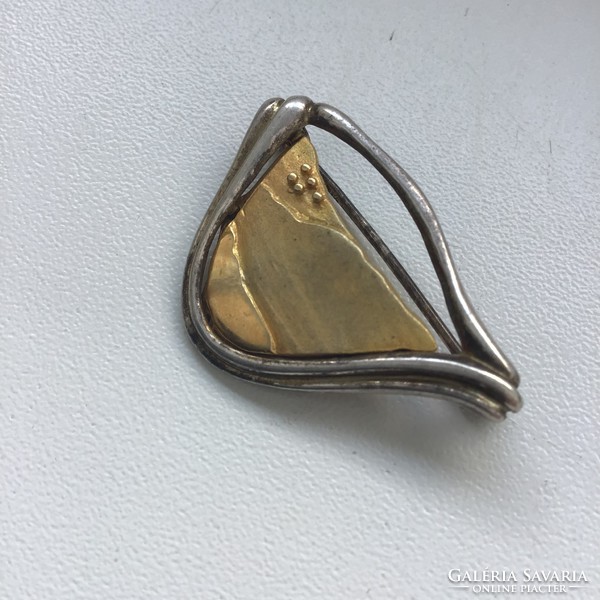 Old modernist silver brooch with gilded decoration