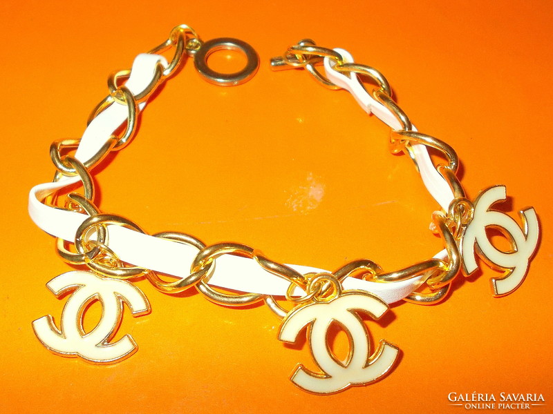 Snow White - Gold Shiny Chanel Replica Leather Metal Bracelet with 3 Chanel Charm Pendants