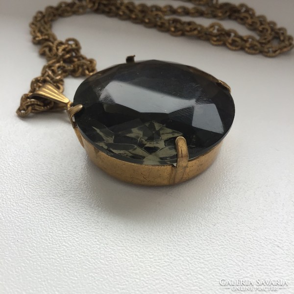 Old vintage bijouterie necklace with big smoky quartz glass stone