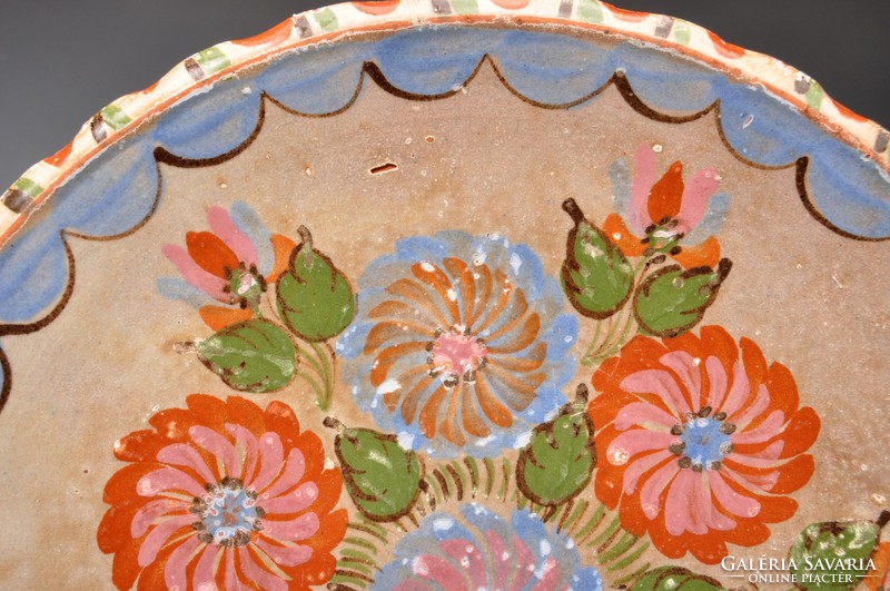 Vásárhelyi cserép paraszt tányér, falitányér  1900-as évekből. 28cm.