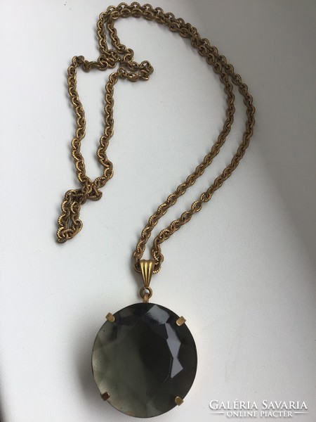 Old vintage bijouterie necklace with big smoky quartz glass stone
