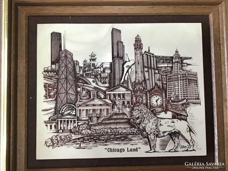 Old Chicago engraved pattern tile picture in wooden frame