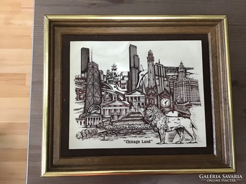 Old Chicago engraved pattern tile picture in wooden frame
