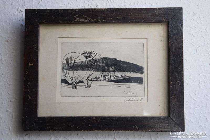 Csohány Kalman copperplate signed, 9x14cm, framed New Year's sale