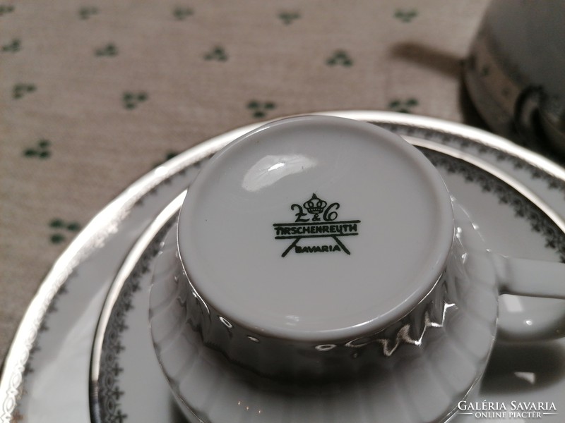 German tea or coffee pot with two tea sets. Snow white-silver design, elegant, beautiful