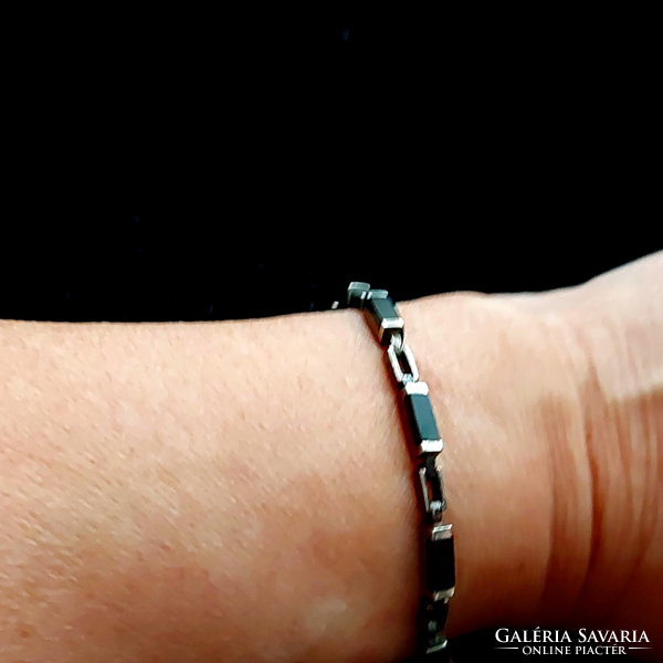 Unisex antique silver bracelet, bracelet,with10onyx stones,marked,security clasp,wonderful jewelry