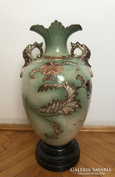 Monumental antique porcelain floor vase, wooden base