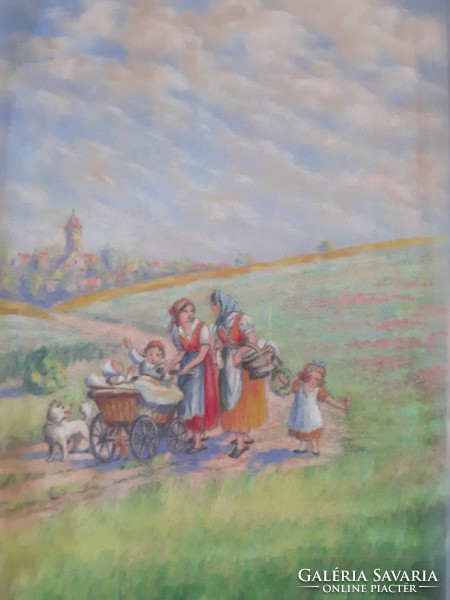 Cheerful little company in the green - old pastel image with unknown sign