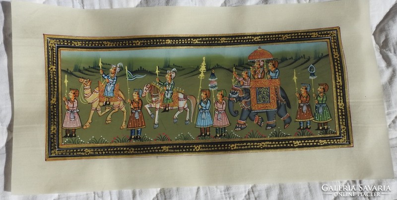 Indiai kézzel festett selyem kép -  Gyaloghintó díszkísérettel 2 féle