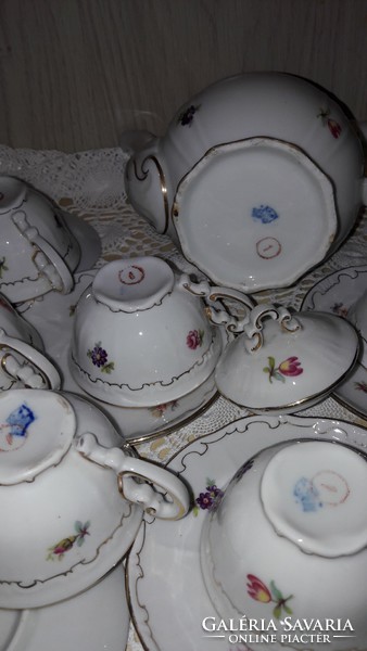 Zsolnay, with baroque gold-feathered reliefs, small floral coffee set, incomplete
