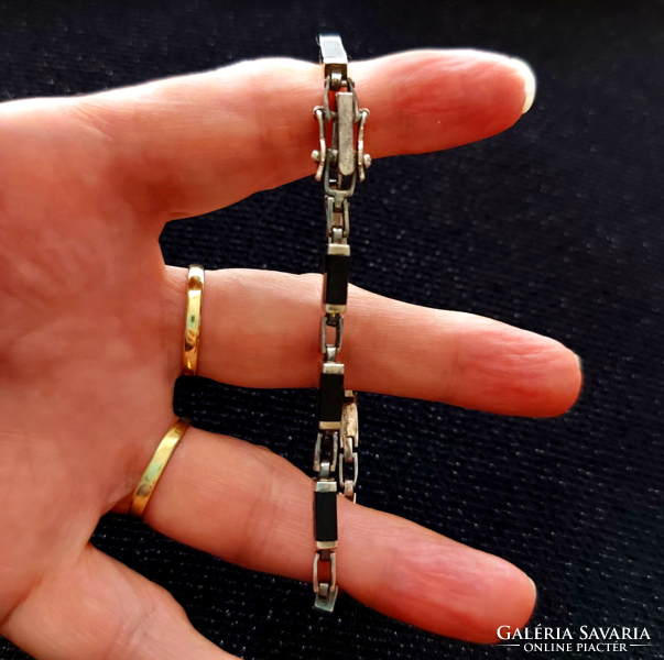 Unisex antique silver bracelet, bracelet,with10onyx stones,marked,security clasp,wonderful jewelry