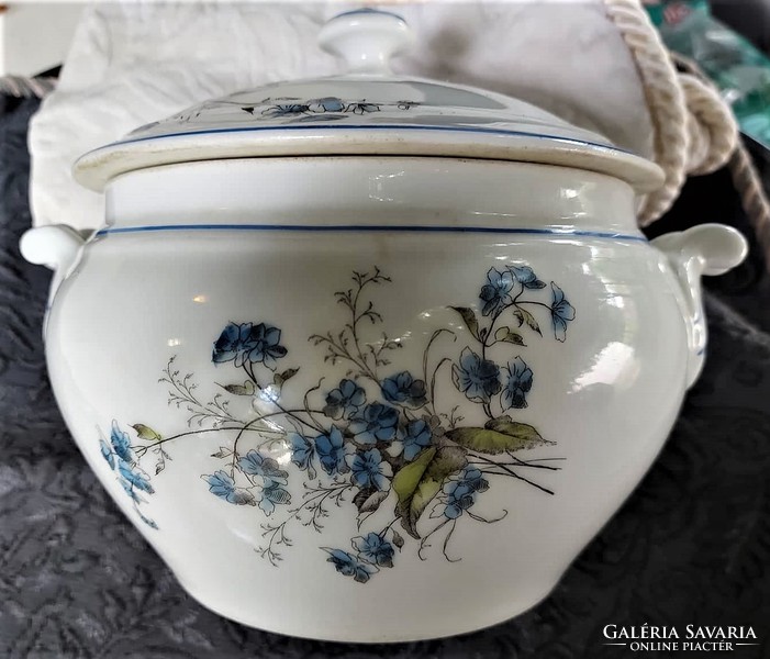 Antique Czechoslovakian faience blue violet white baroque round bowl, soup bowl, showcase condition!