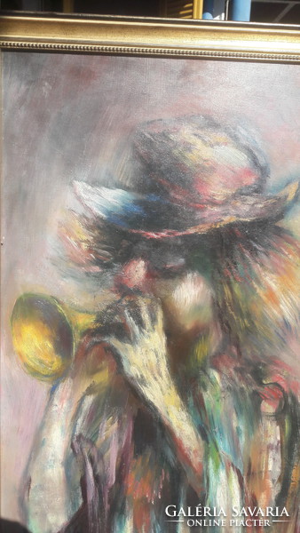 András Károlyi: clown with trumpet, original marked, olive tree