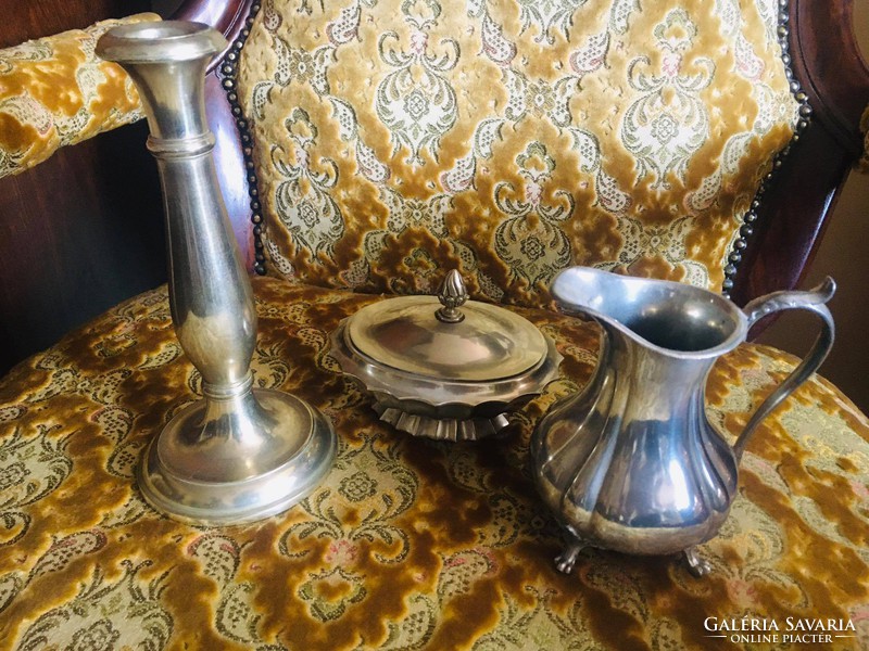 Silver-plated candle holder, milk spout and sugar holder