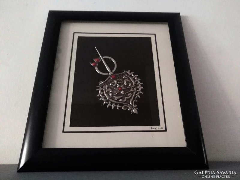 Interesting, signed black-silver Middle Eastern ‘metal picture’ frame, glazed