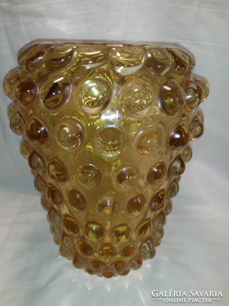 Különleges vastag falú súlyos bütykös nap sárga üveg váza