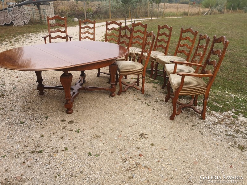 Oak table with 10 oak chairs