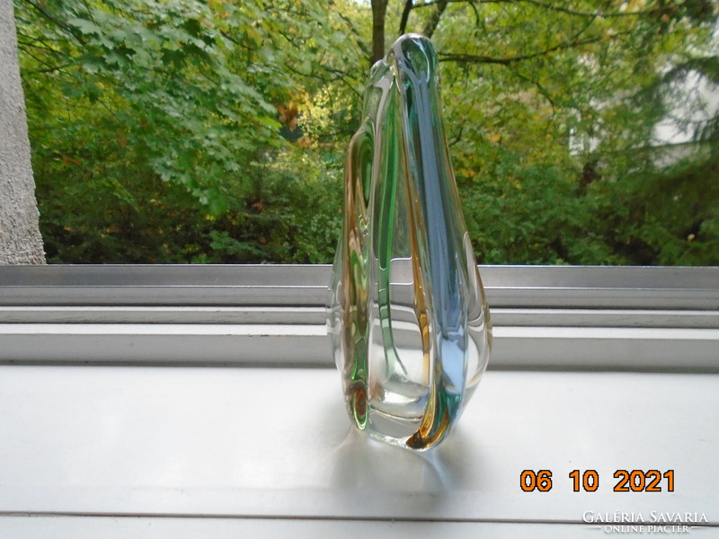 MID CENTURY SKLO UNION nehéz lapos váza 3 színű dombor üveg szárral, csiszolt talppal