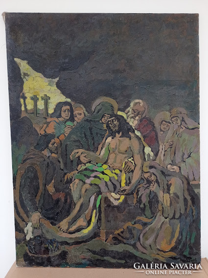 Antik olaj vászon 1951 festmény Jézus feszület stáció Szignált 4453