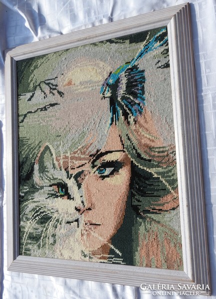Woman with cat - tapestry picture - modern picture in elegant frame
