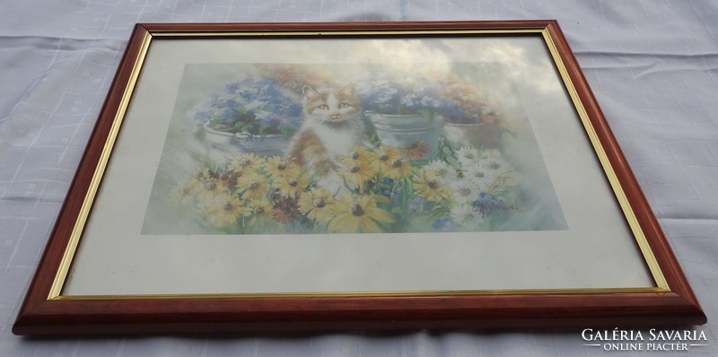 Signed print: cat among the flowers - kitten quality print, elegant frame