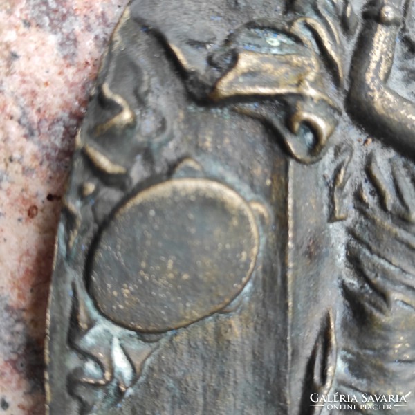 Antique, romantic copper-bronze talcum, figural, sculptural ash leaf heavy. Offering, patinated