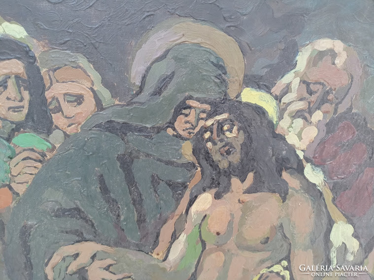 Antique oil canvas 1951 painting Jesus crucifix station signed 4453