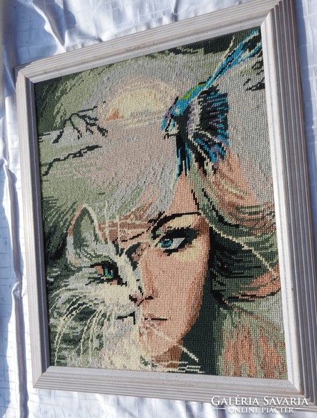 Woman with cat - tapestry picture - modern picture in elegant frame