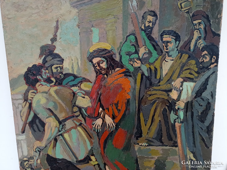 Antik olaj vászon 1951 festmény Jézus feszület stáció Szignált 4452