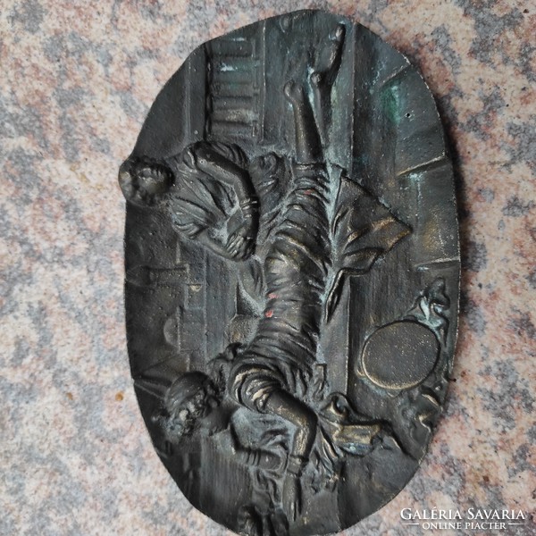 Antique, romantic copper-bronze talcum, figural, sculptural ash leaf heavy. Offering, patinated