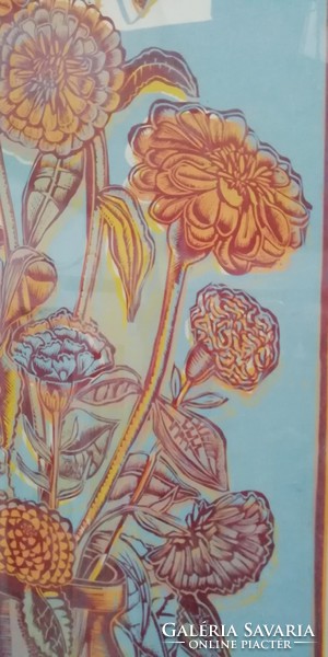 Still life of Józsa János, colored linoleum engraving 1965