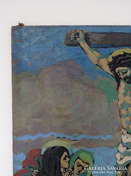 Antik olaj vászon 1951 festmény Jézus feszület stáció Szignált 4454