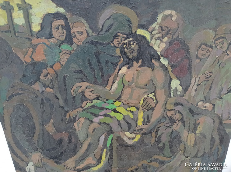 Antique oil canvas 1951 painting Jesus crucifix station signed 4453