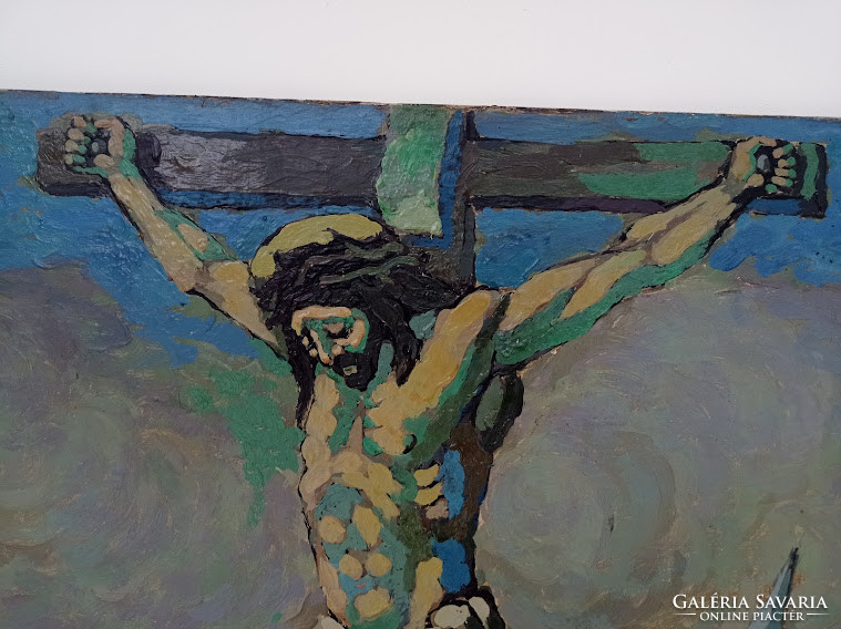 Antique oil canvas 1951 painting Jesus crucifix station signed 4454