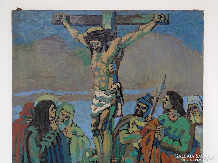 Antique oil canvas 1951 painting Jesus crucifix station signed 4454