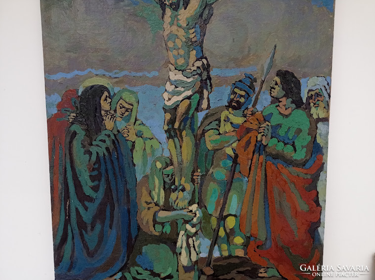 Antique oil canvas 1951 painting Jesus crucifix station signed 4454